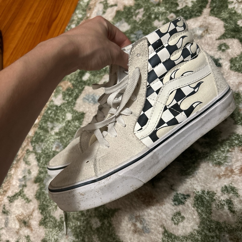 Vans High-Top Sneakers in Black and White Checkered Flames
